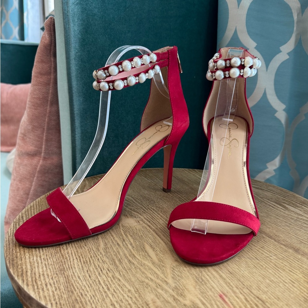 New! Red Jessica Simpson heels with pearl detail.❤️❤️